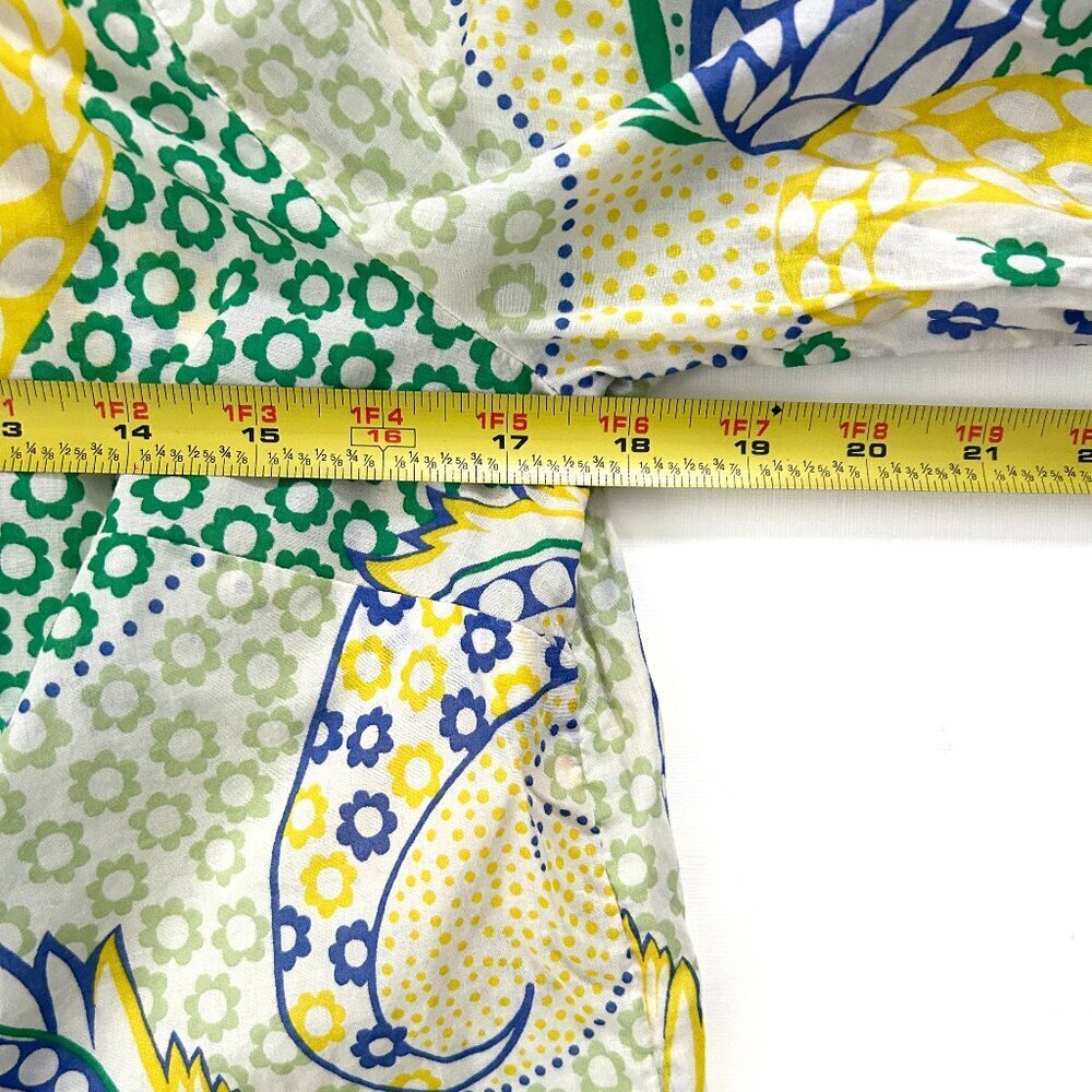 Talbots Medium Petite Green Yellow Blue Paisley Smocked Button Down Long Slv Top - Picture 6 of 8